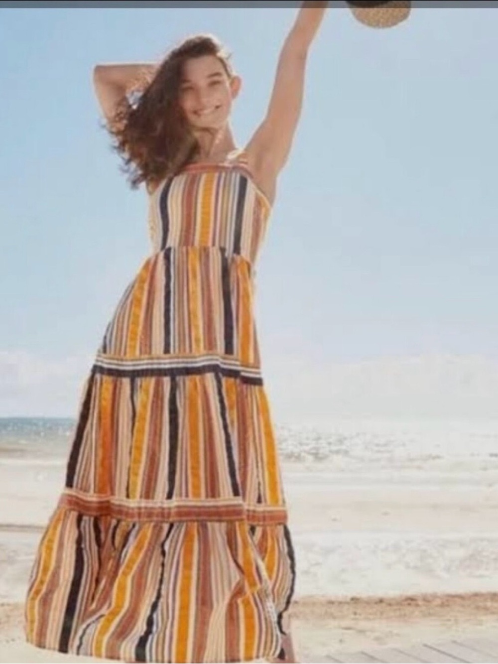 NWOT LOFT Striped Tiered Maxi Skirt in Yellow, Navy & Cream with Pink Accents
